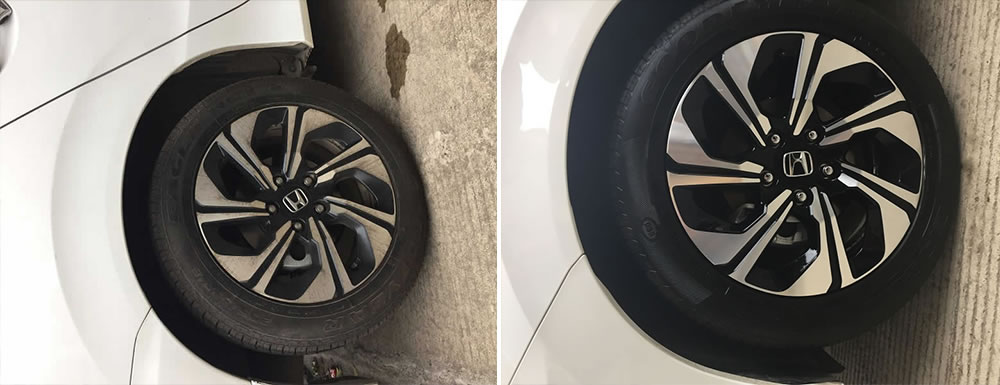 Comparación de antes y después de la limpieza a vapor de las ruedas del coche